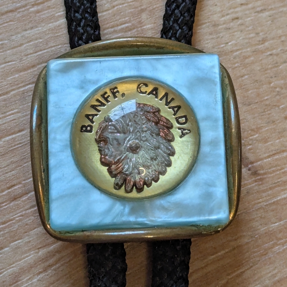 Vintage Banff Canada Native Copper Bolo Tie with Turquoise and Gold Tone Accents